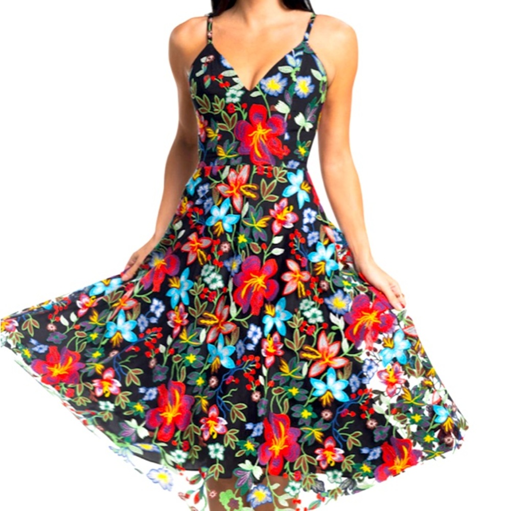 Dress the population Maren floral embroidered fit & flare dress size small